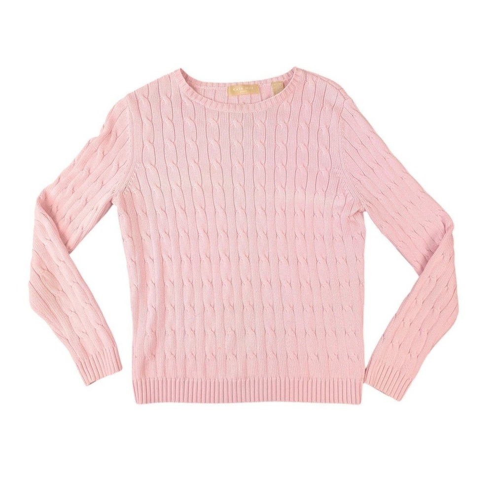 Kate Hill Petite Pink Cable Knit Pima Cotton Blend Sweater Sz PM Preppy Classic